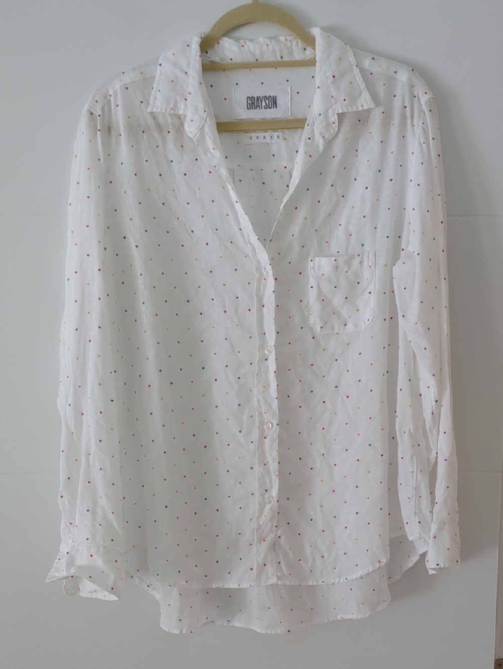 Grayson The Hero White Linen Button-Up Shirt Multicolor Hearts Print Sz L Summer